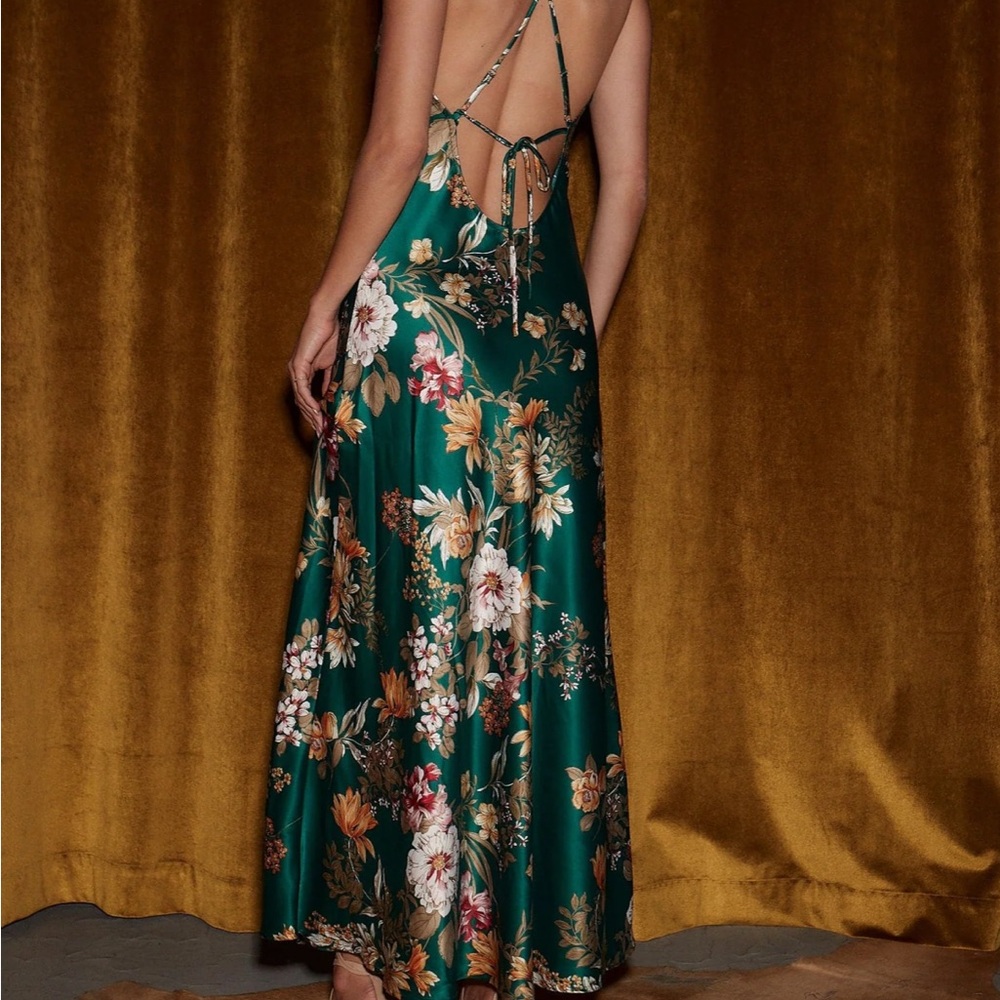 12th Tribe Emerald Green Floral Satin Slip Dress with Thigh Slit - Picture 2 of 4